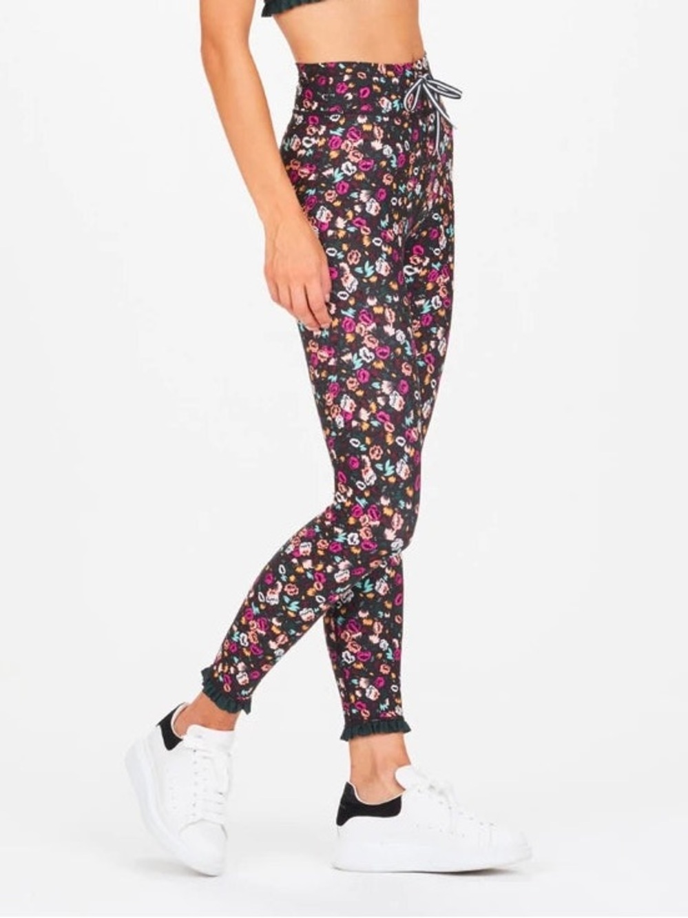 The Upside Gardenia Floral Midi Leggings Green Ruffle Trim Size US 8